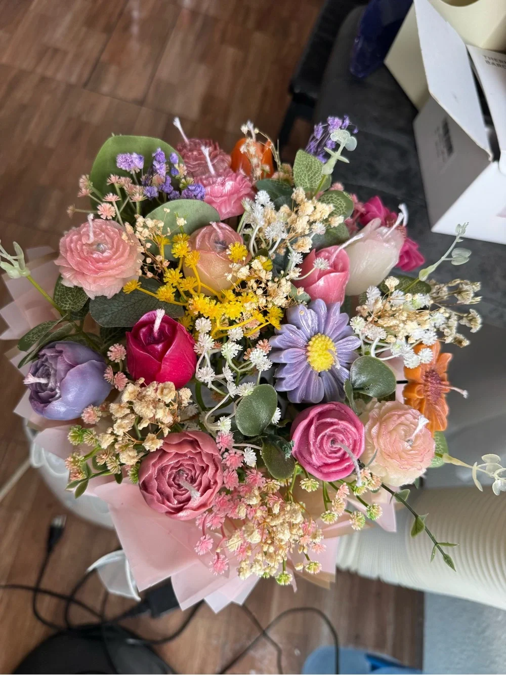 Floral Candle Bouquet Arrangement in Pink and Purple Vase Accent- Handcrafted🕯️✨